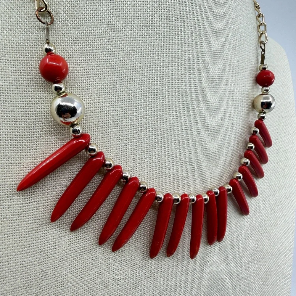 Red Spike Bead Gold Silver Tone Fringe Bib Chunky Bold Statement Necklace Gothic